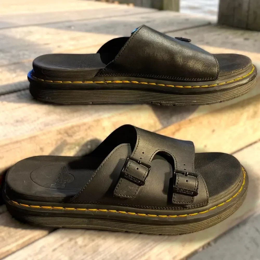 Size 12 Men's DR. MARTENS Dax Hydro Matte Black Leather Slide Sandals VGUC